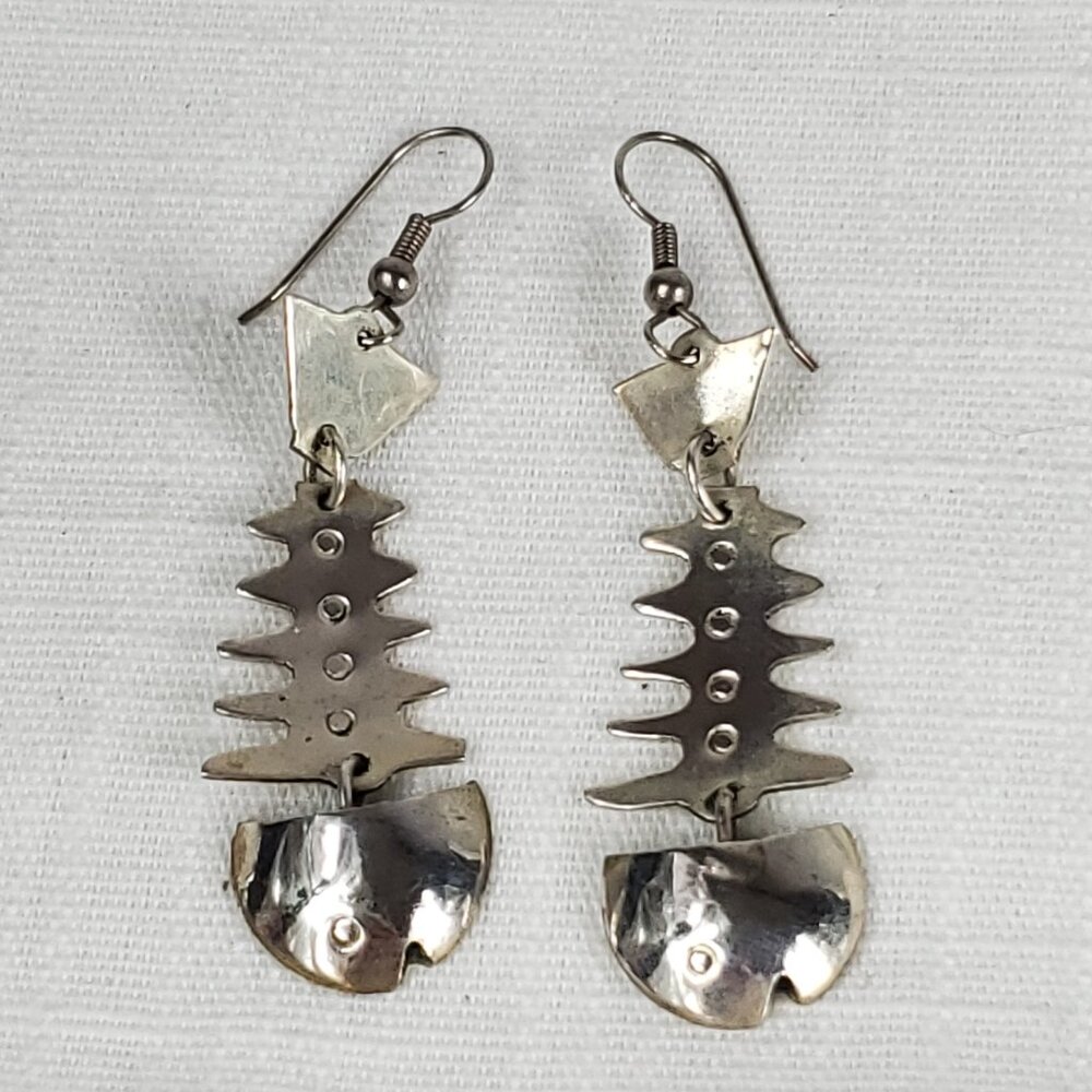 Silver Mexico Vintage Articulated Fish Dangle Earrings